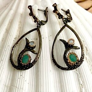 Emerald & Aquamarine Dolphin Play Sterling Silver & 14kt Earrings